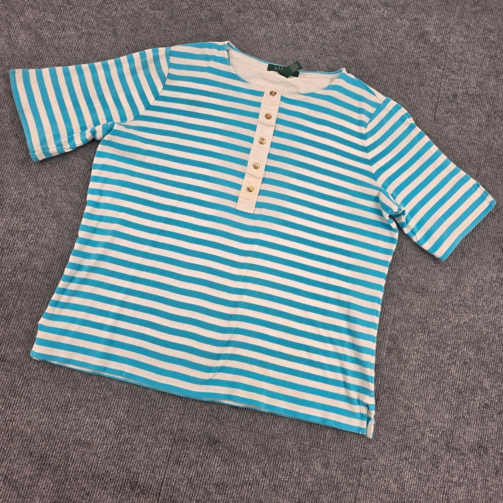 Lauren Ralph Lauren Blue White Striped Henley Top Gold Buttons 1X